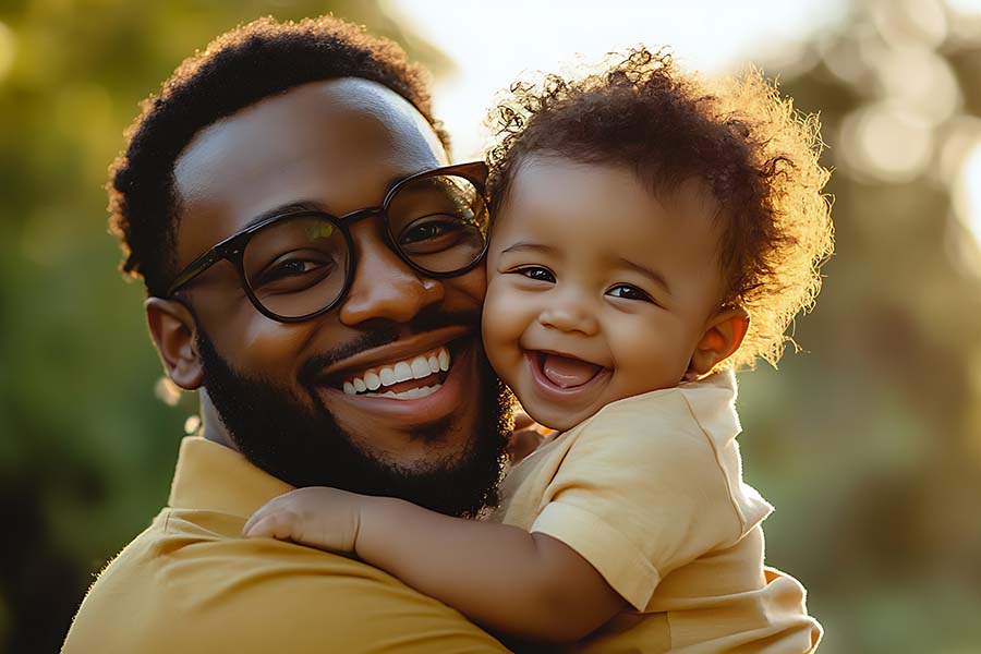 African-American father holing a happy baby outdoors.