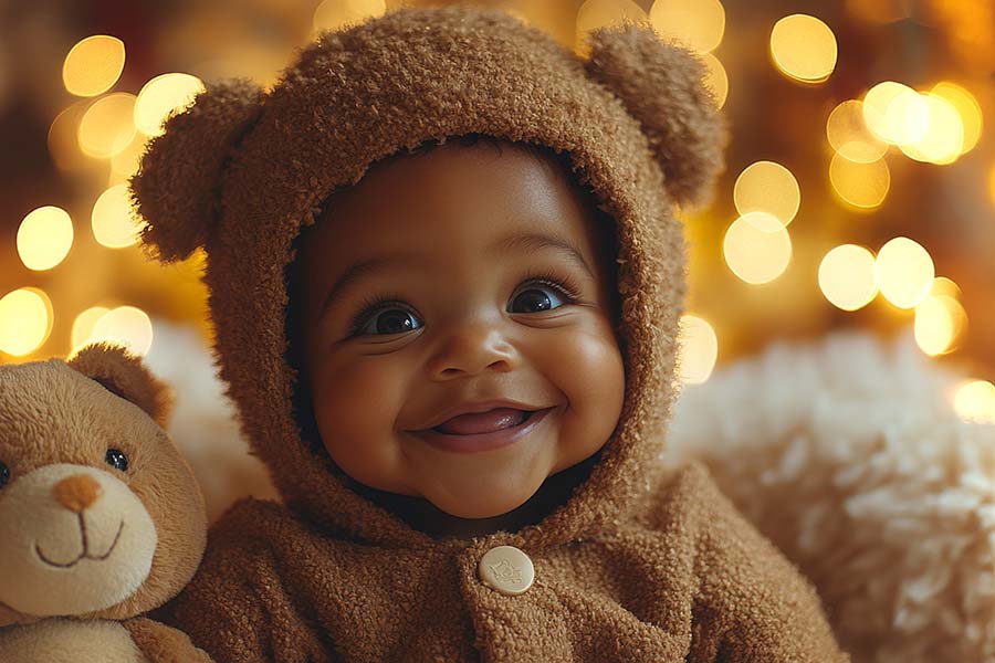 A smiling African-American child bundled in a teddy bear coat.