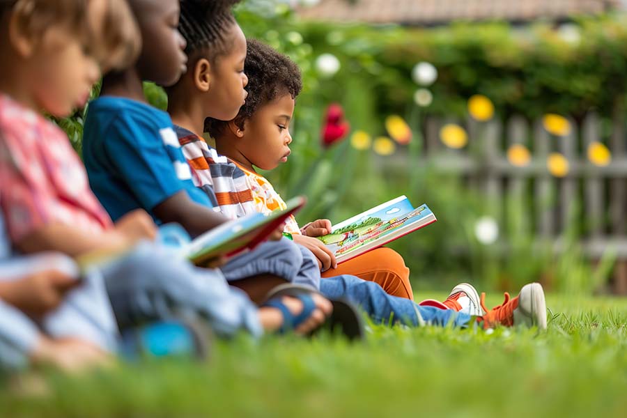 A diverse group of preschool children looking at books outside.