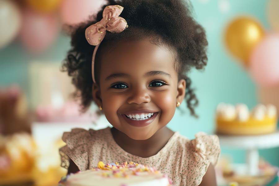 Smiling young girl with a birthday cake.