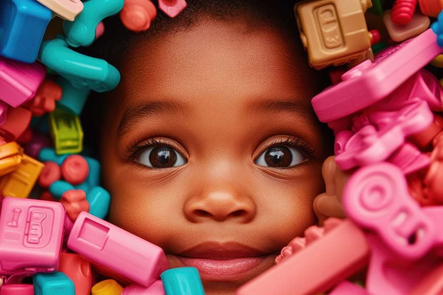 Child's face surrounded by toys.