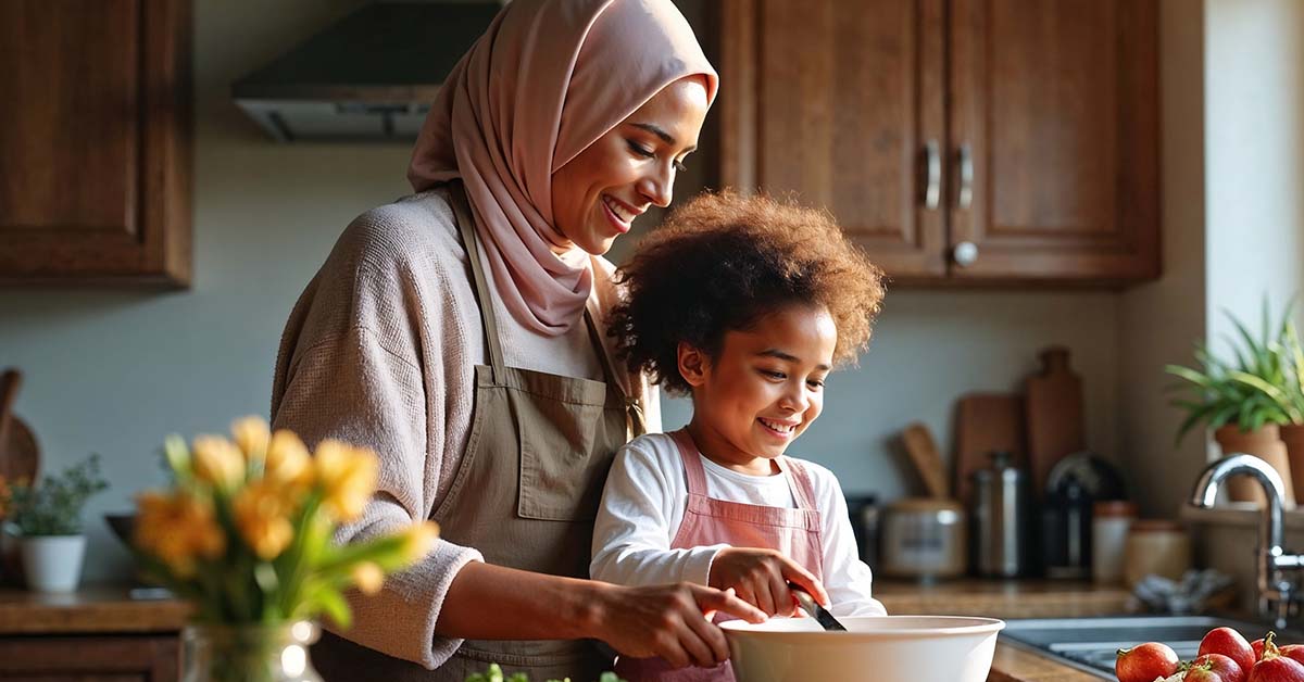 A woman wearing a head scarf watches as a young black child stirs food in a kitchen.