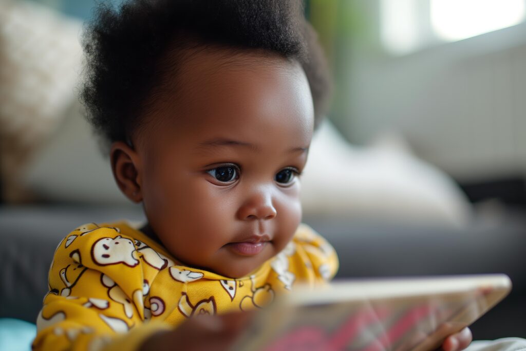 Toddler girl using a tablet. Tips for avoiding screen time.
