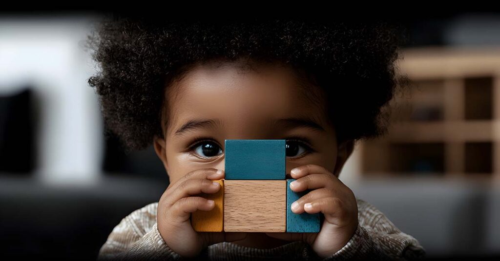 Black toddler hides behind some blocks.