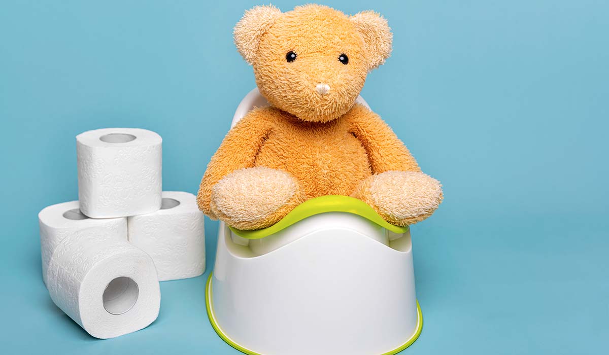 A teddy bear sits on a child's potty seat next to a stack of toilet paper on a blue background..