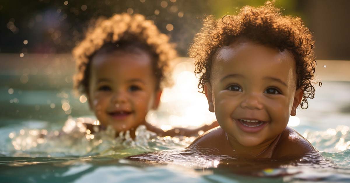 Two multicultural toddler boys in a swimming pool.