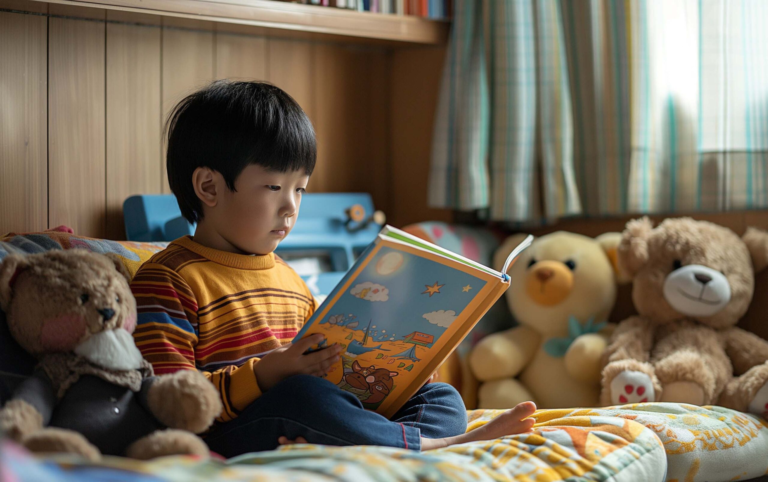 Young boy in a calming corner with pillows, stuffs and books.