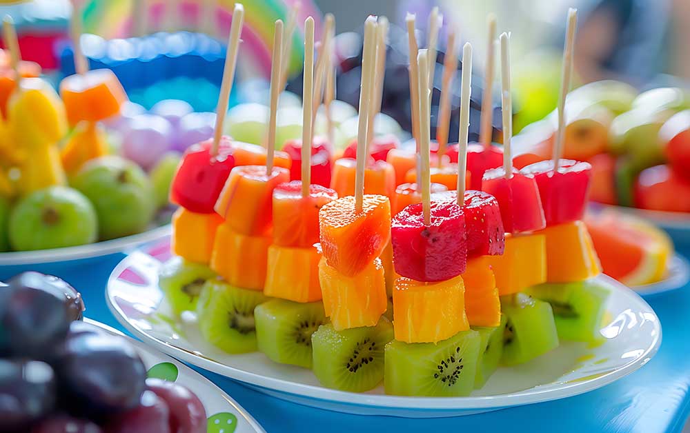 A plate of fruit kebabs with watermelon, cantaloupe and kiwi.