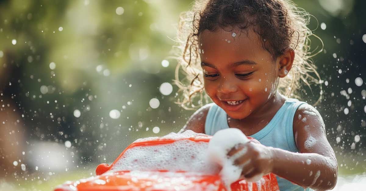 A girl washes a toy truck with soapy water outside.