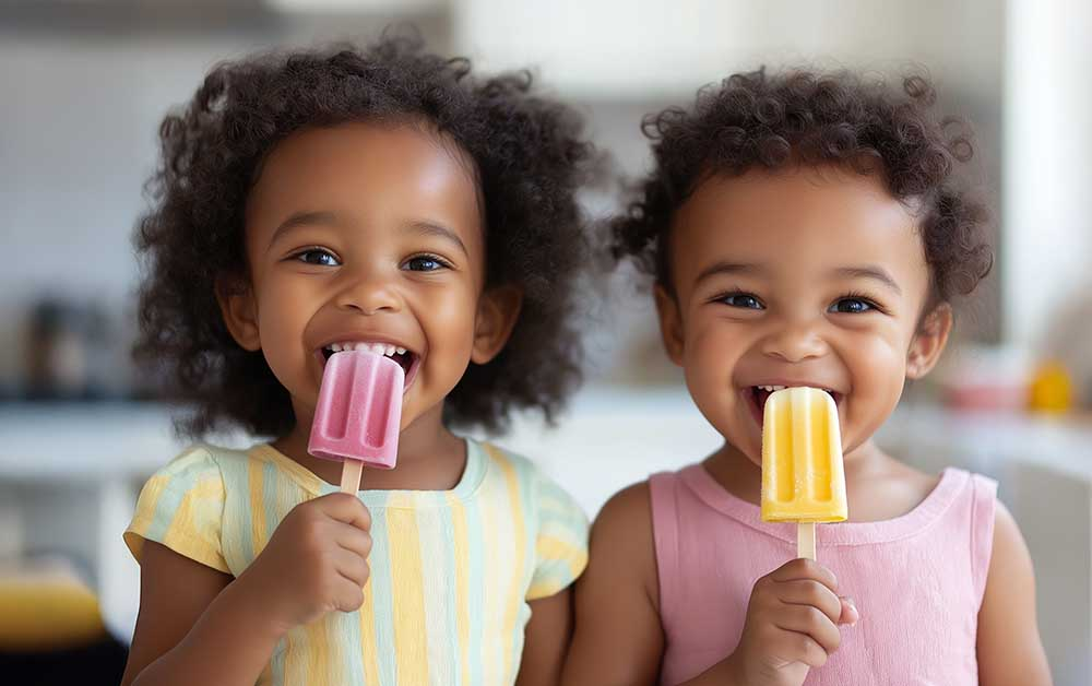 Two toddler girls eat healthy frozen treats, juice popsicles.