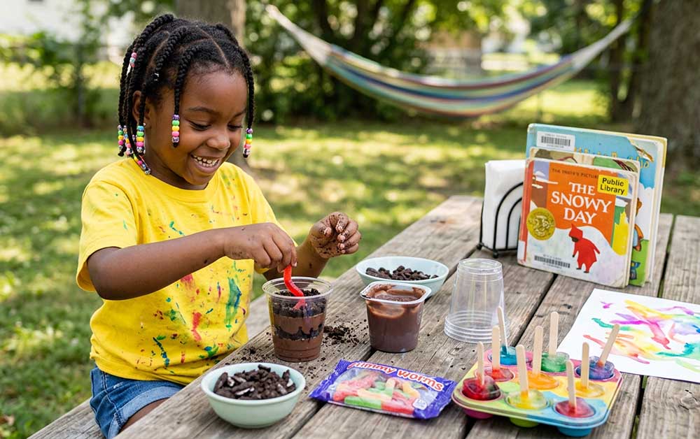 Happy child taking part in fun summer activities, like making  a dirt cup next to a display of books and items for ice painting
