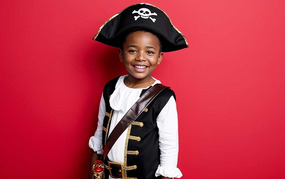 Preschooler dressed as a pirate for Talk Like a Pirate Day, one of the fun September days to plan special activities for our kiddos.