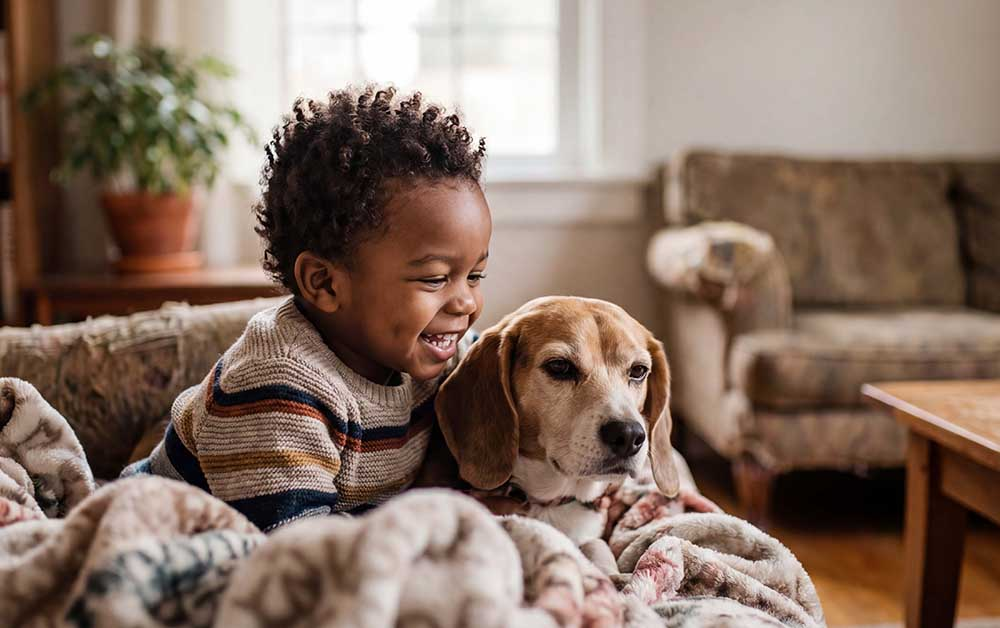 A toddler boy plays with a beagle dog.